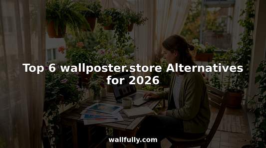 Woman comparing wall poster stores at home