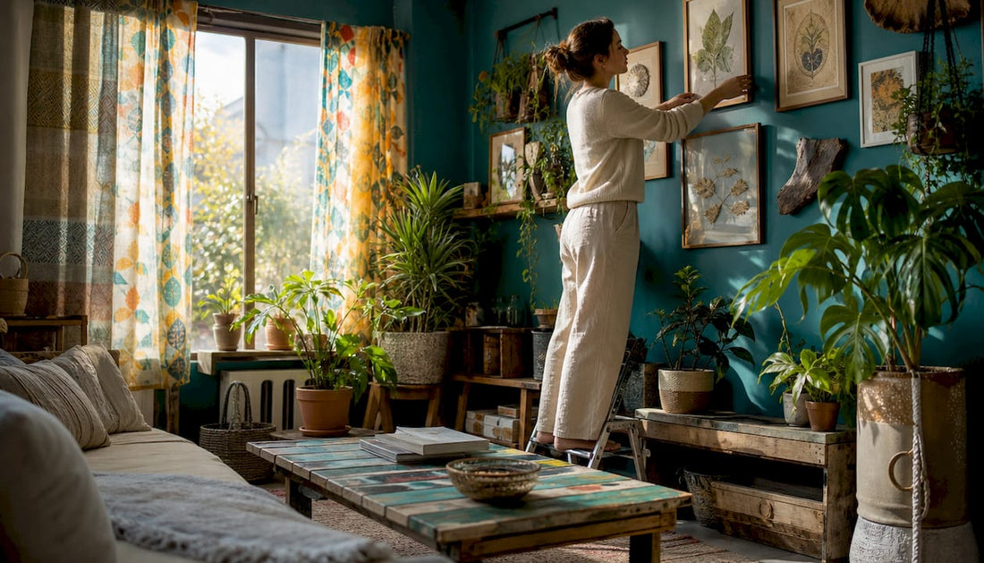 Woman arranging eco-friendly wall art in living room