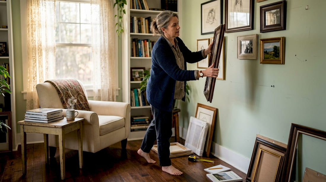 Woman arranging frames on living room wall