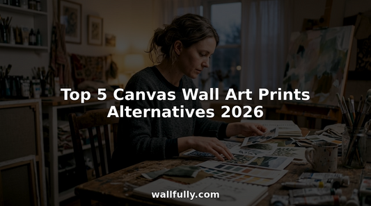Woman selecting custom wall art prints at home studio
