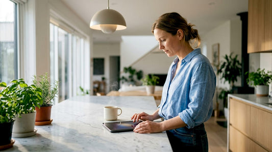 Woman browsing customer product photos on tablet