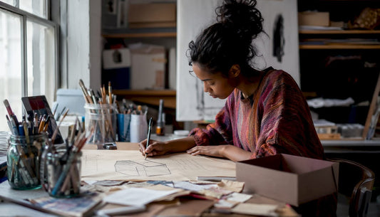 Woman sketching personalized gift design at desk