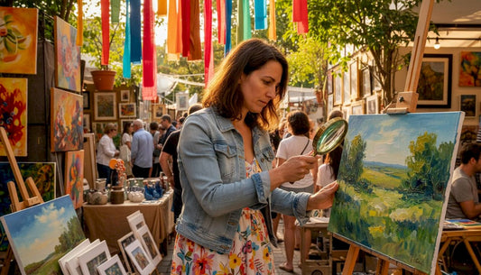 Art historian inspecting painting signature
