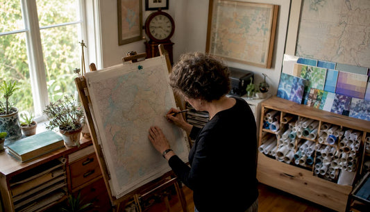 Cartographer planning map print in studio