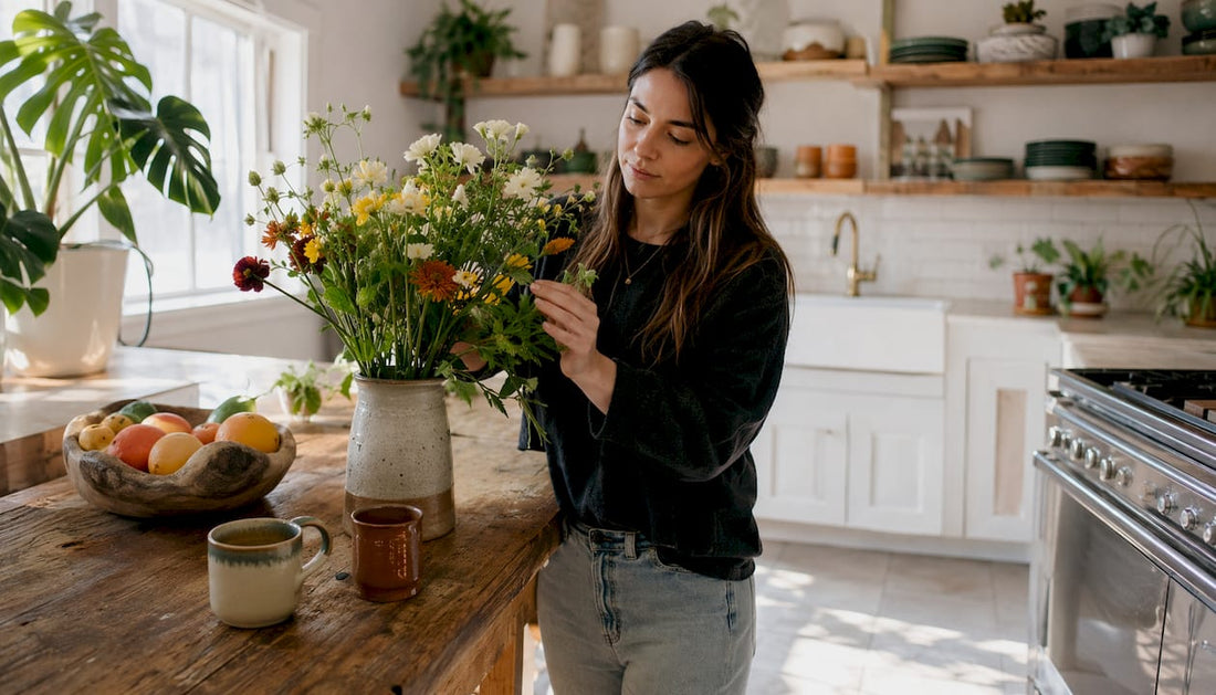 Woman arranging flowers in bright living room