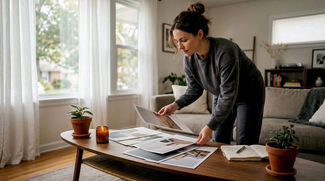 Woman comparing personalized printed posters on kitchen counter