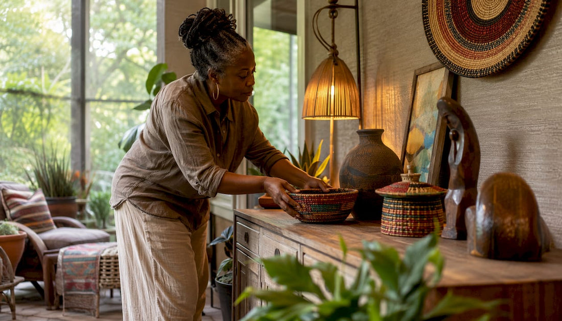 Woman arranging expressive home decor pieces