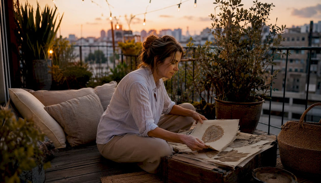 Woman choosing eco-friendly wall art at home