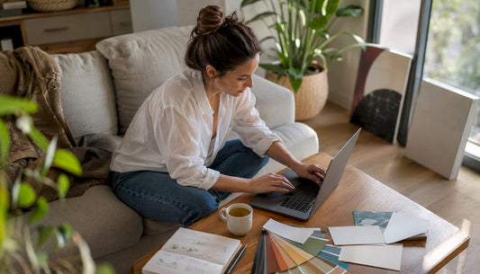 Woman customizing wall art online on laptop