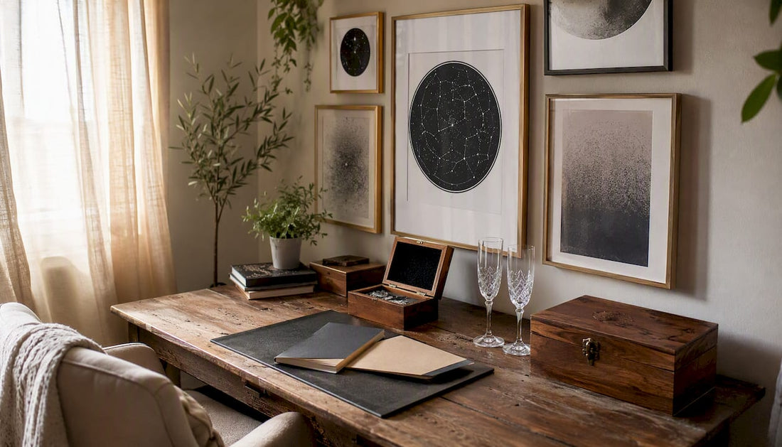 Anniversary keepsakes on wall and table