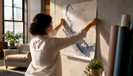 Hands positioning custom map poster on table