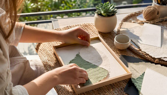 Hands assembling eco-friendly wall art