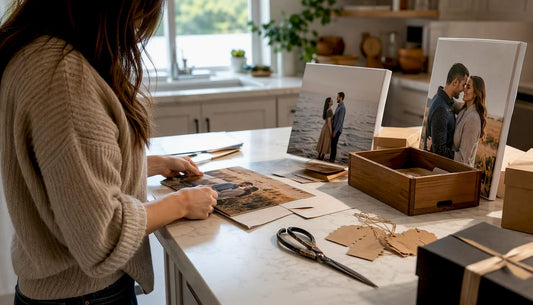 Hands arranging personalized anniversary gifts on table
