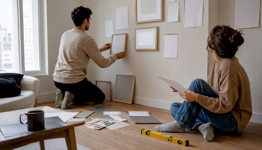 Hands arranging gallery wall templates on floor