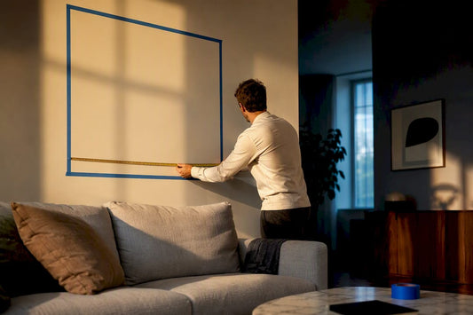 Taped poster outline above living room sofa