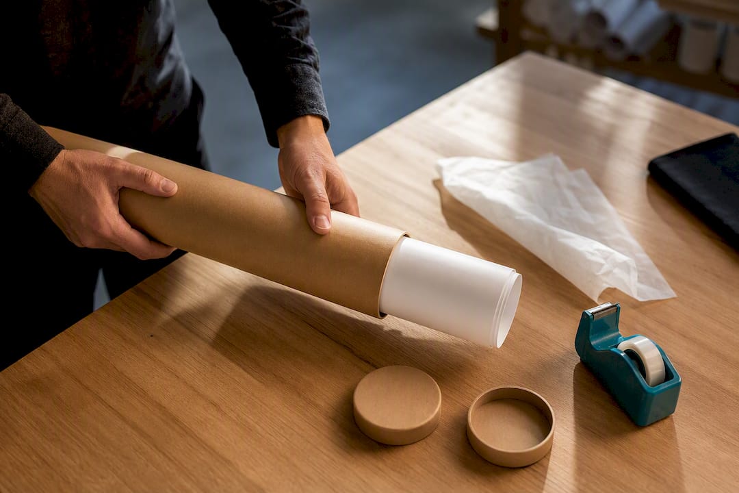 Hands packing a rolled poster for shipping