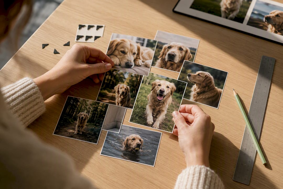 Hands arranging photos into a pet collage