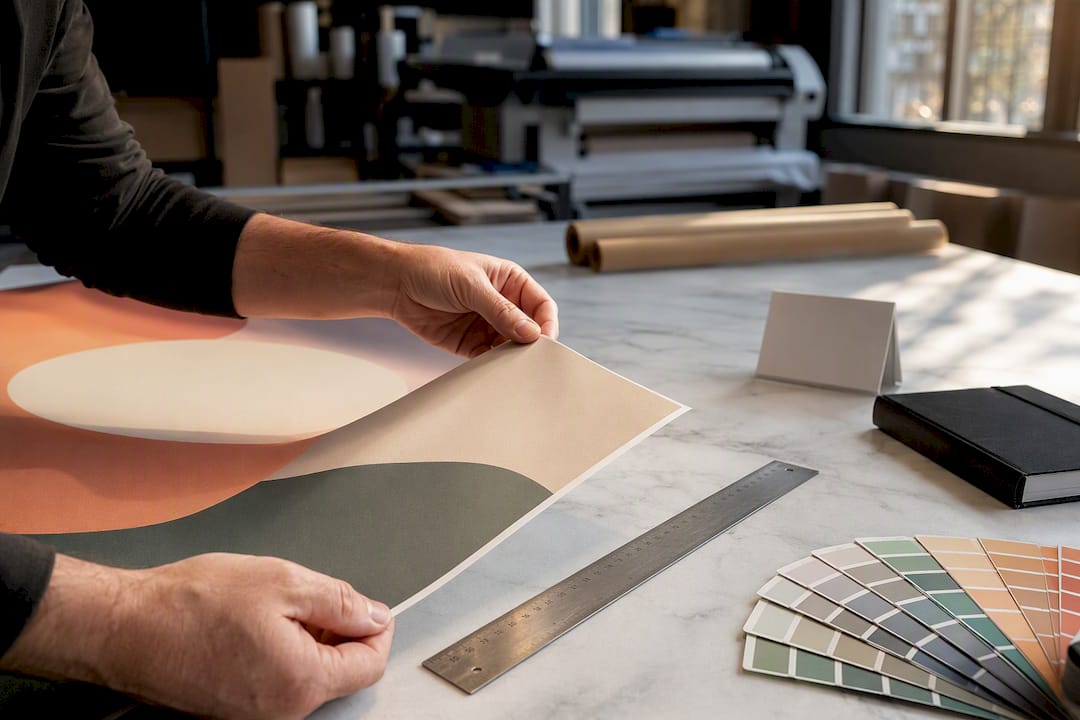 Hands checking a custom print before production