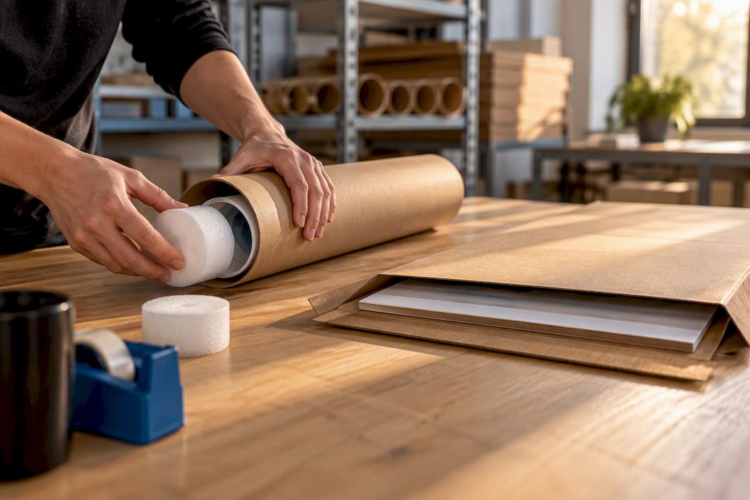 Rolled and flat poster packaging being protected