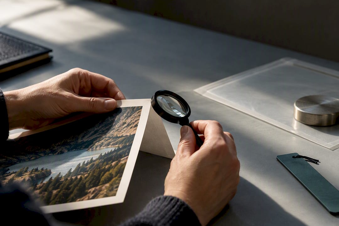Hands checking ownership of a photographic print