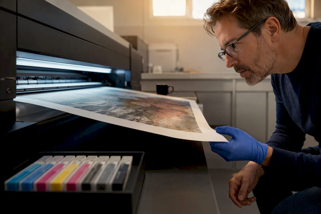 Giclée print emerging inside a fine-art lab