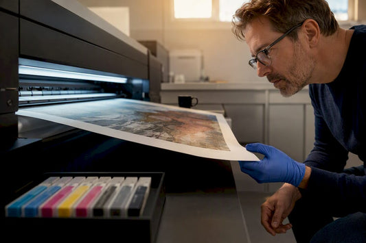 Giclée print emerging inside a fine-art lab