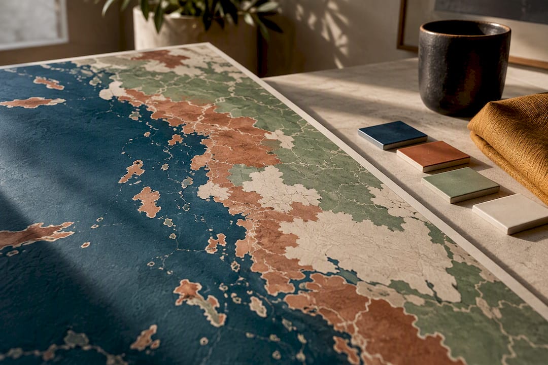 Cropped map artwork with coordinated color swatches