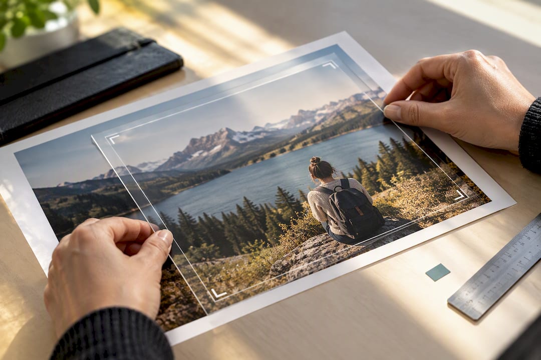 Hands positioning a photograph for print cropping