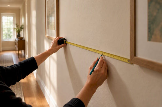Hands measuring hallway gallery wall centerline