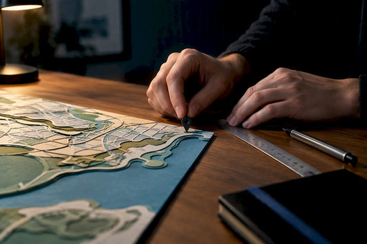 Hands assembling a detailed hometown map