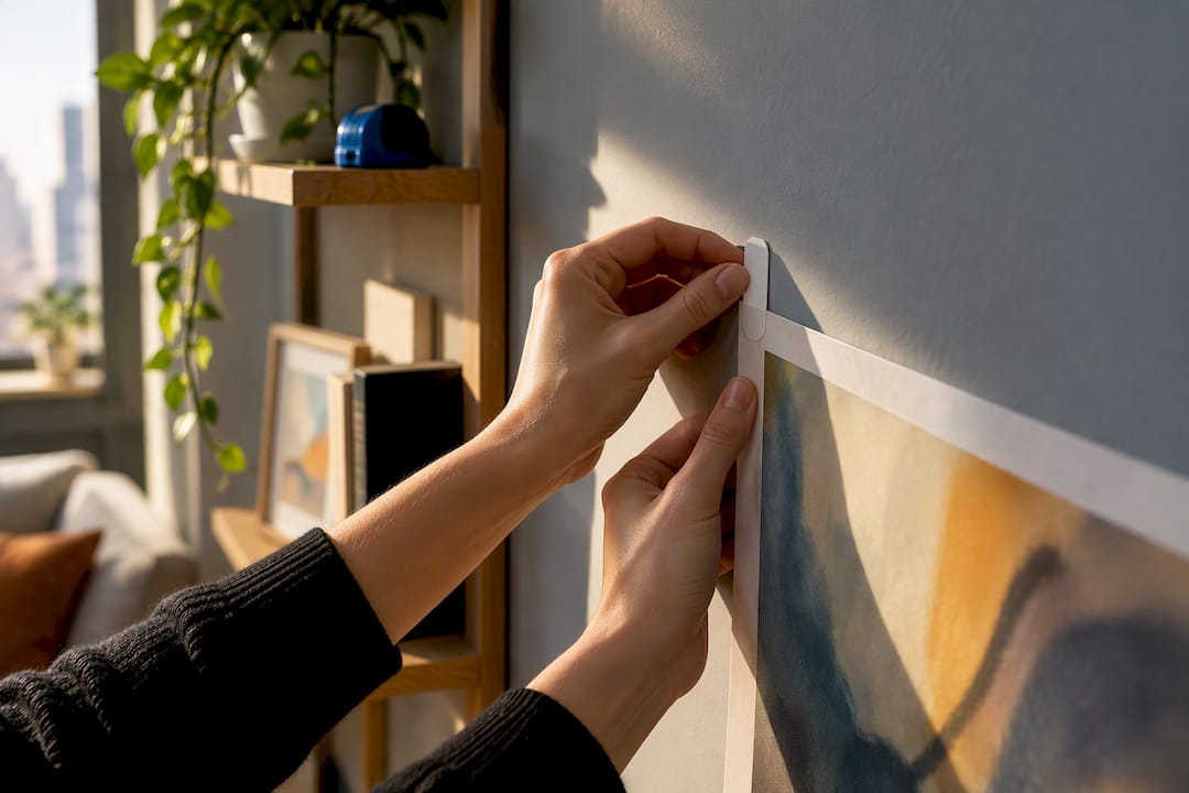 Hands hanging poster with adhesive strips