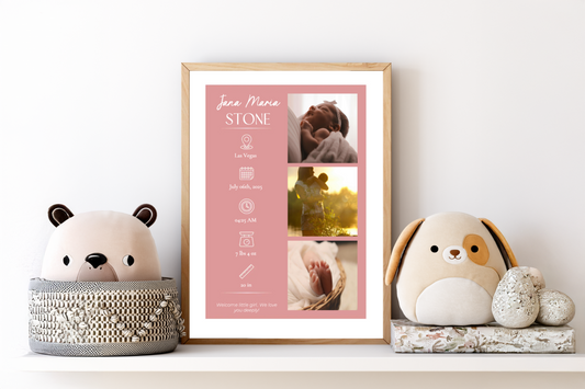 Baby stats Print on a wood frame, placed on a shelter inside a kid's bedroom.