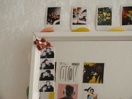 photos on white wooden wall shelf