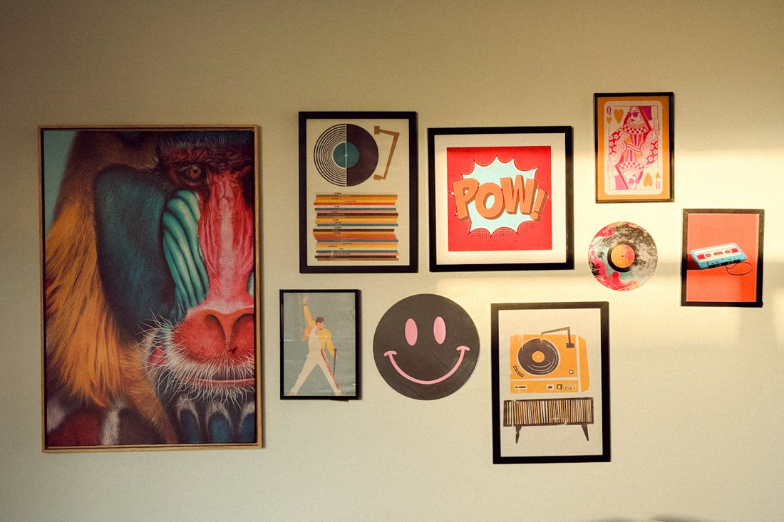 Decorated wall art featuring various images.