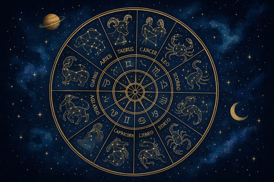 A zodiac image with all zodiac signs and its elements in blue sky and golden color