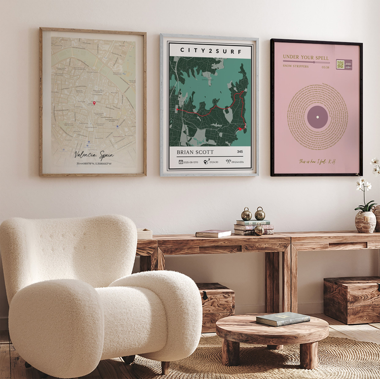 Personalized poster wall art with maps and song lyrics