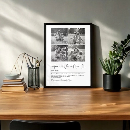 Firefly a small 5-7 ratio mockup poster over a desktop table with black wood frame in an office with