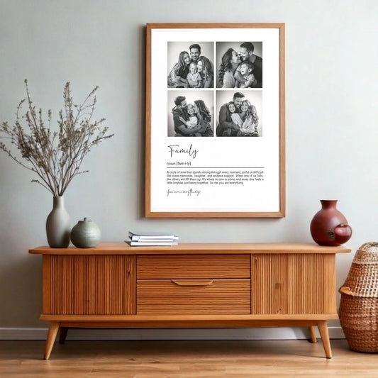 Firefly a 5-7 ratio mockup poster over a furniture with natural wood frame; for wallpapers, prints,  (1)